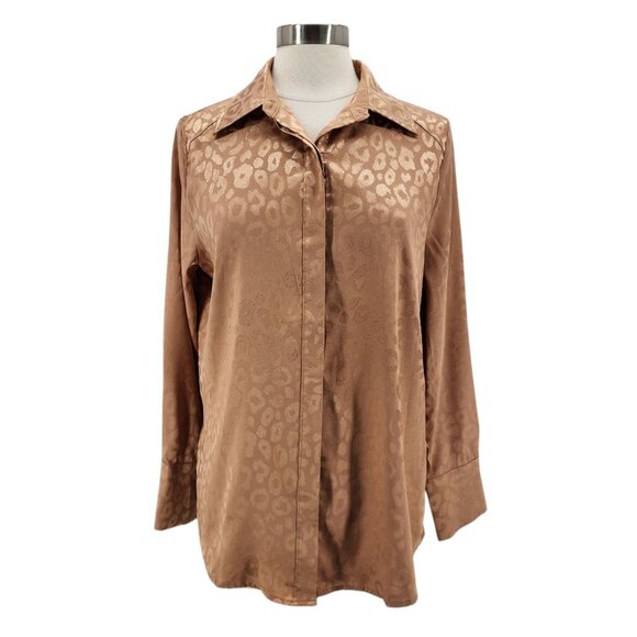 12th Tribe Womens Medium Top Satin Animal Print Gold Metallic Button Shirt Party - Picture 1 of 11
